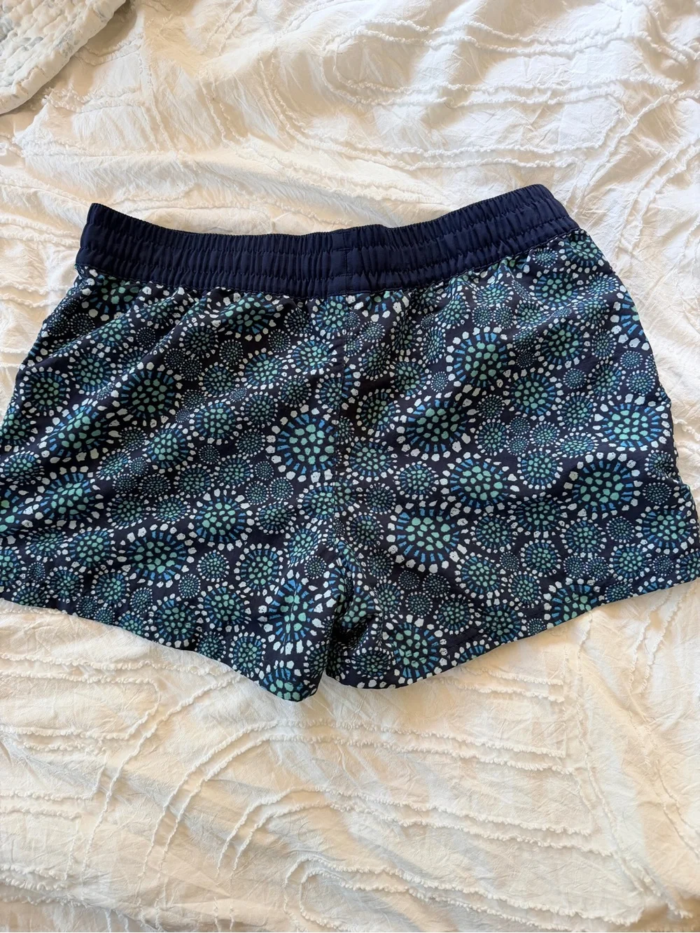 Patagonia Navy Blue Printed Girls XXL Swim Shorts with Teal Accents